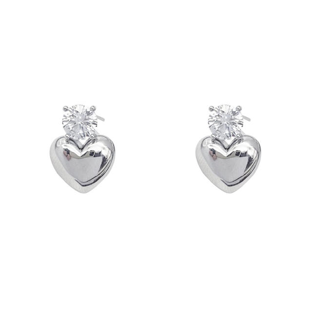 S925 silver needle mirror heart clip earring