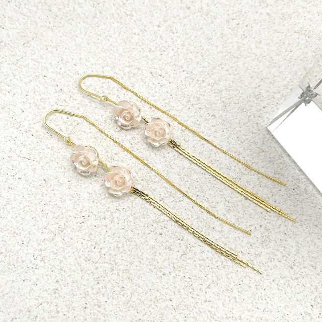 Women's white rose flower tassel earrings