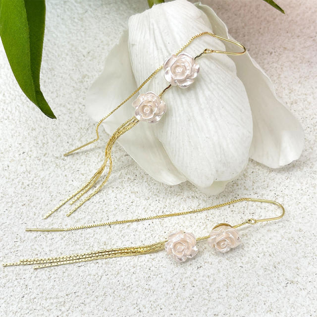 Women's white rose flower tassel earrings