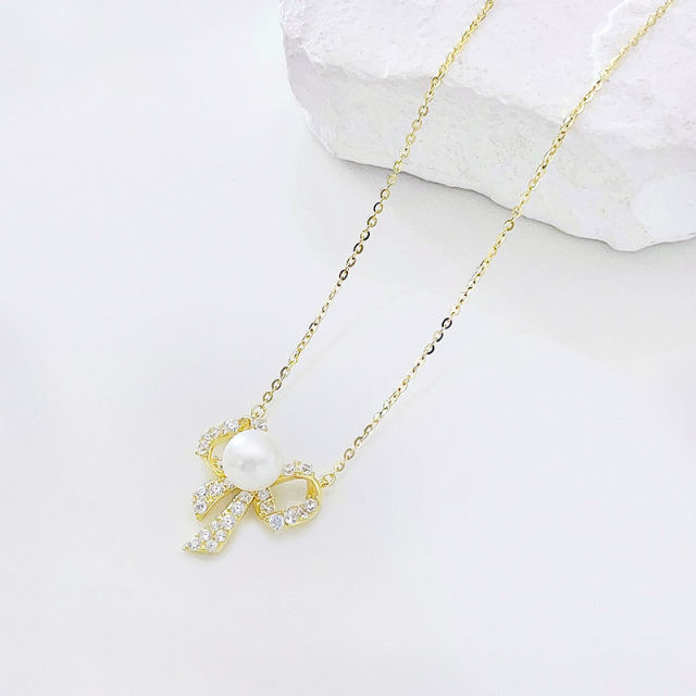 Sterling Silver Ribbon Pearl Drop Necklace