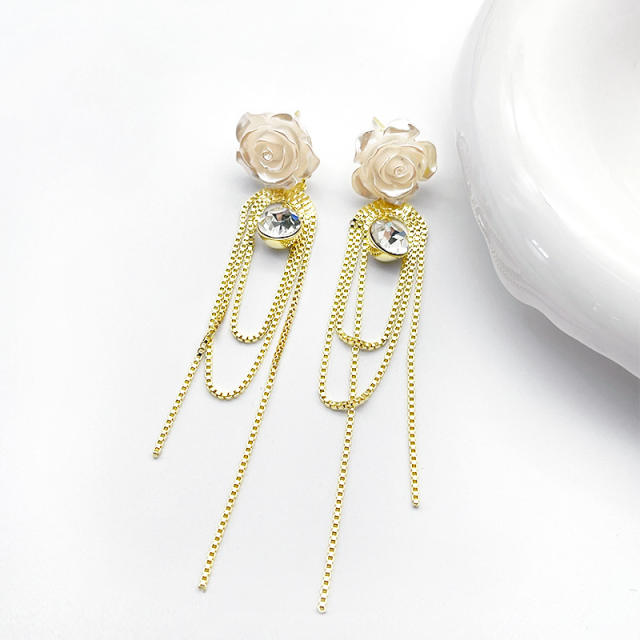 S925 silver needle rhinestone flower tassel earrings