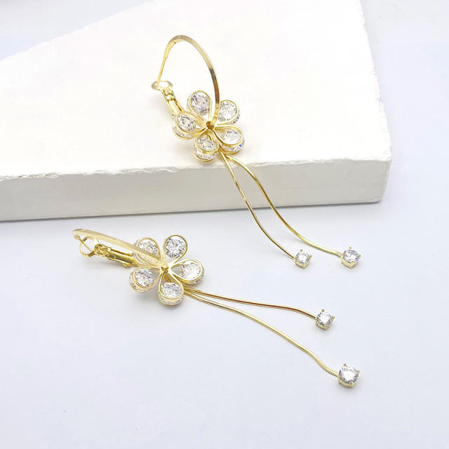 925 Silver Pin Zirconia Flower Tassel Earrings