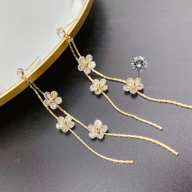 S925 Silver Pin Girls Sweet Long Flowers Tassel Earrings