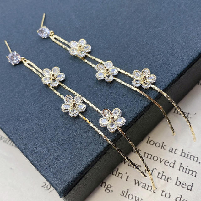 S925 Silver Pin Girls Sweet Long Flowers Tassel Earrings